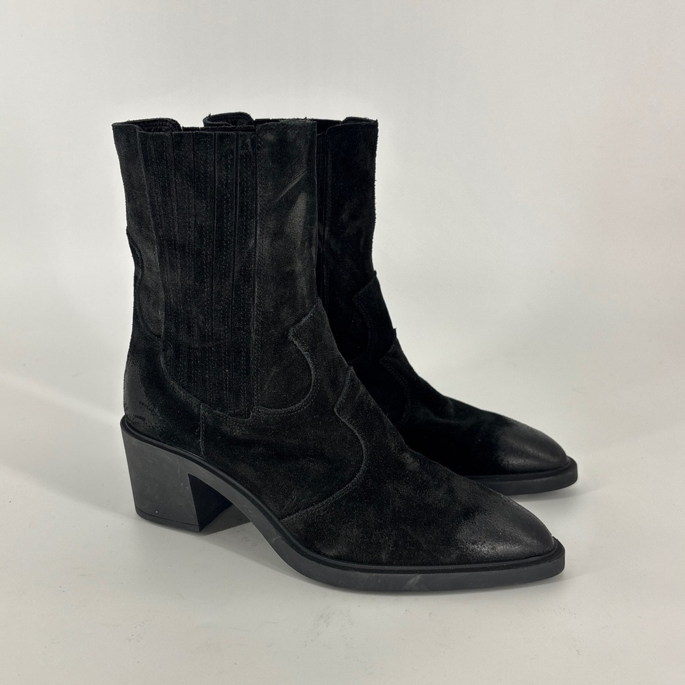 La Canadienne Piazza Suede Bootie Black Women Size 36.5 Pointed Toe Block Heel